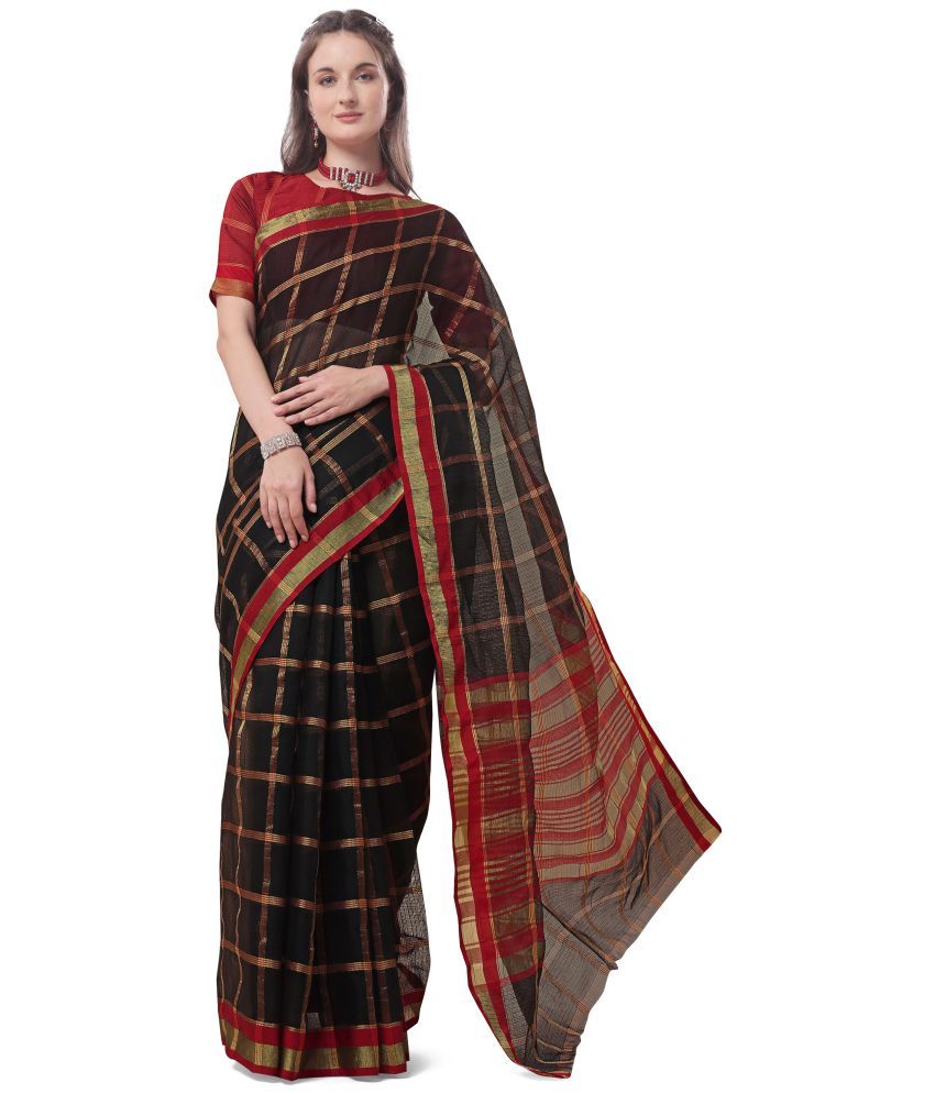     			Sidhidata Cotton Checks Saree With Blouse Piece - Black ( Pack of 1 )