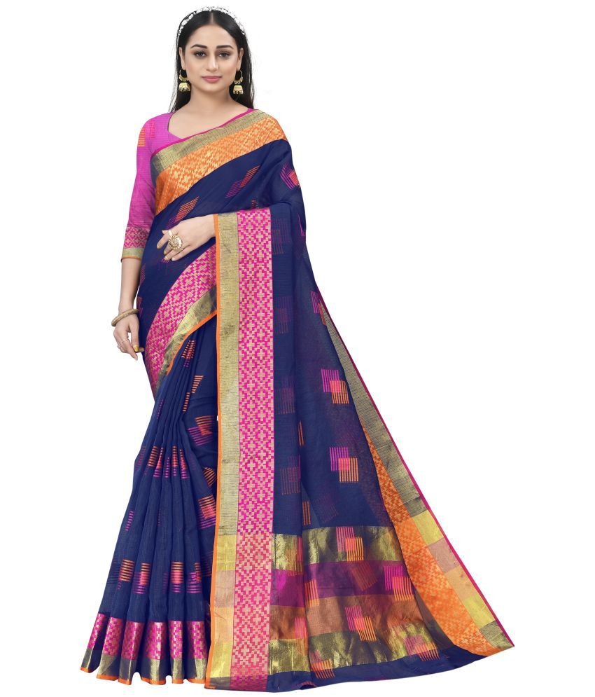     			Sidhidata Cotton Woven Saree With Blouse Piece - Navy Blue ( Pack of 1 )