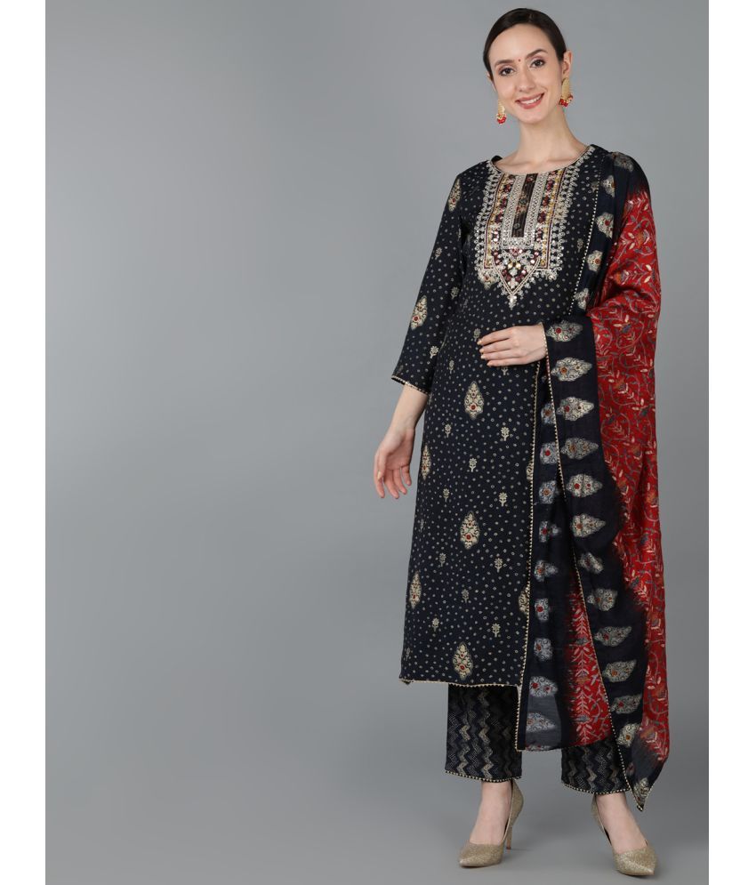     			Vaamsi Chanderi Embroidered Kurti With Pants Women's Stitched Salwar Suit - Black ( Pack of 1 )