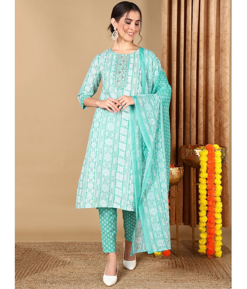     			Vaamsi Cotton Blend Embroidered Kurti With Pants Women's Stitched Salwar Suit - Turquoise ( Pack of 1 )
