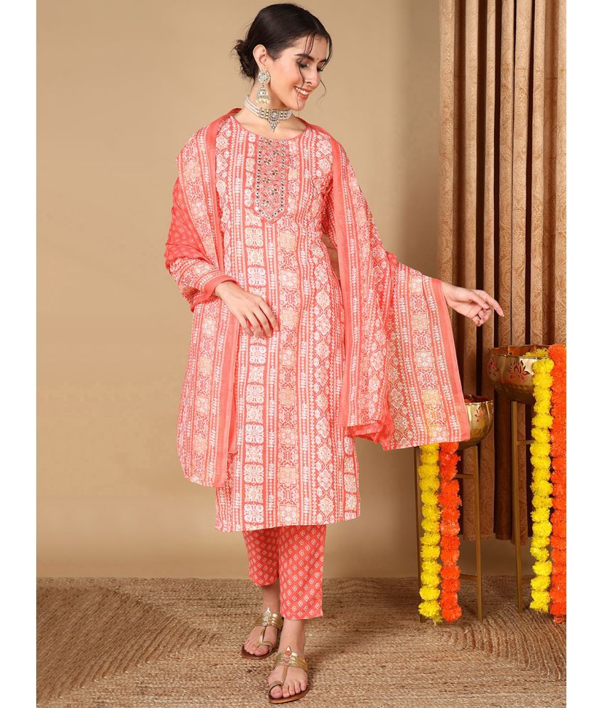     			Vaamsi Cotton Blend Embroidered Kurti With Pants Women's Stitched Salwar Suit - Peach ( Pack of 1 )