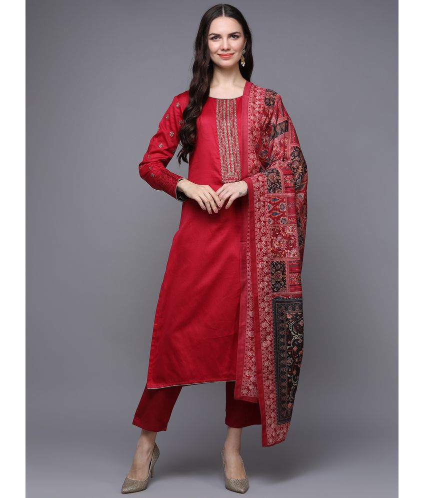     			Vaamsi Cotton Embroidered Kurti With Pants Women's Stitched Salwar Suit - Red ( Pack of 1 )