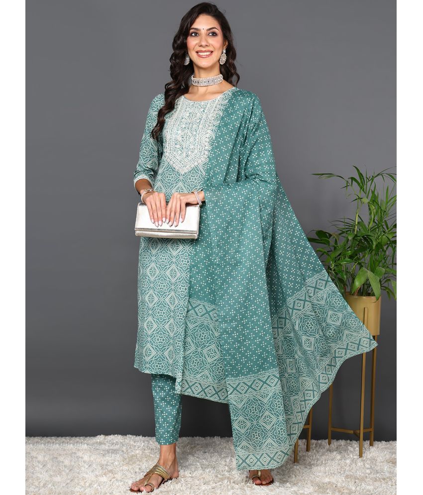     			Vaamsi Cotton Embroidered Kurti With Pants Women's Stitched Salwar Suit - Green ( Pack of 1 )