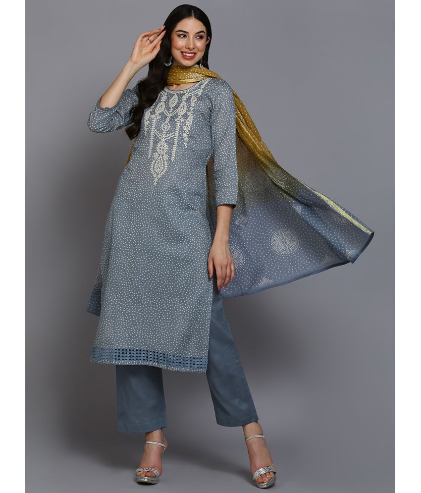     			Vaamsi Cotton Embroidered Kurti With Pants Women's Stitched Salwar Suit - Light Grey ( Pack of 1 )