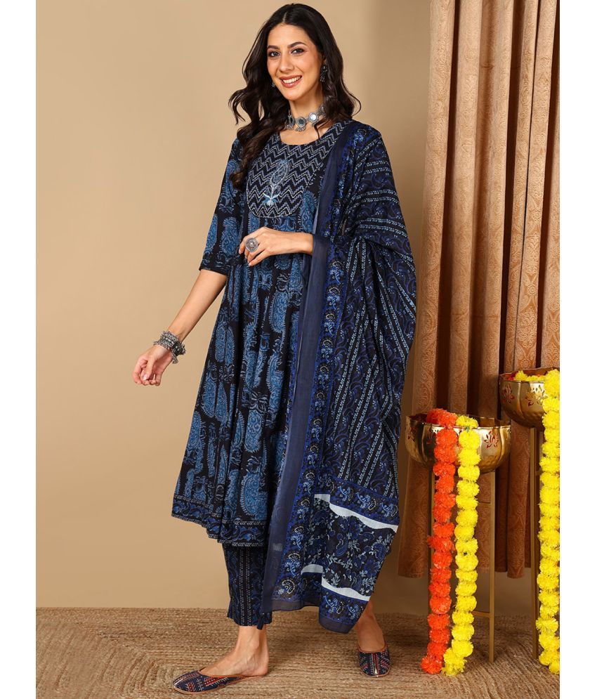     			Vaamsi Cotton Embroidered Kurti With Pants Women's Stitched Salwar Suit - Blue ( Pack of 1 )