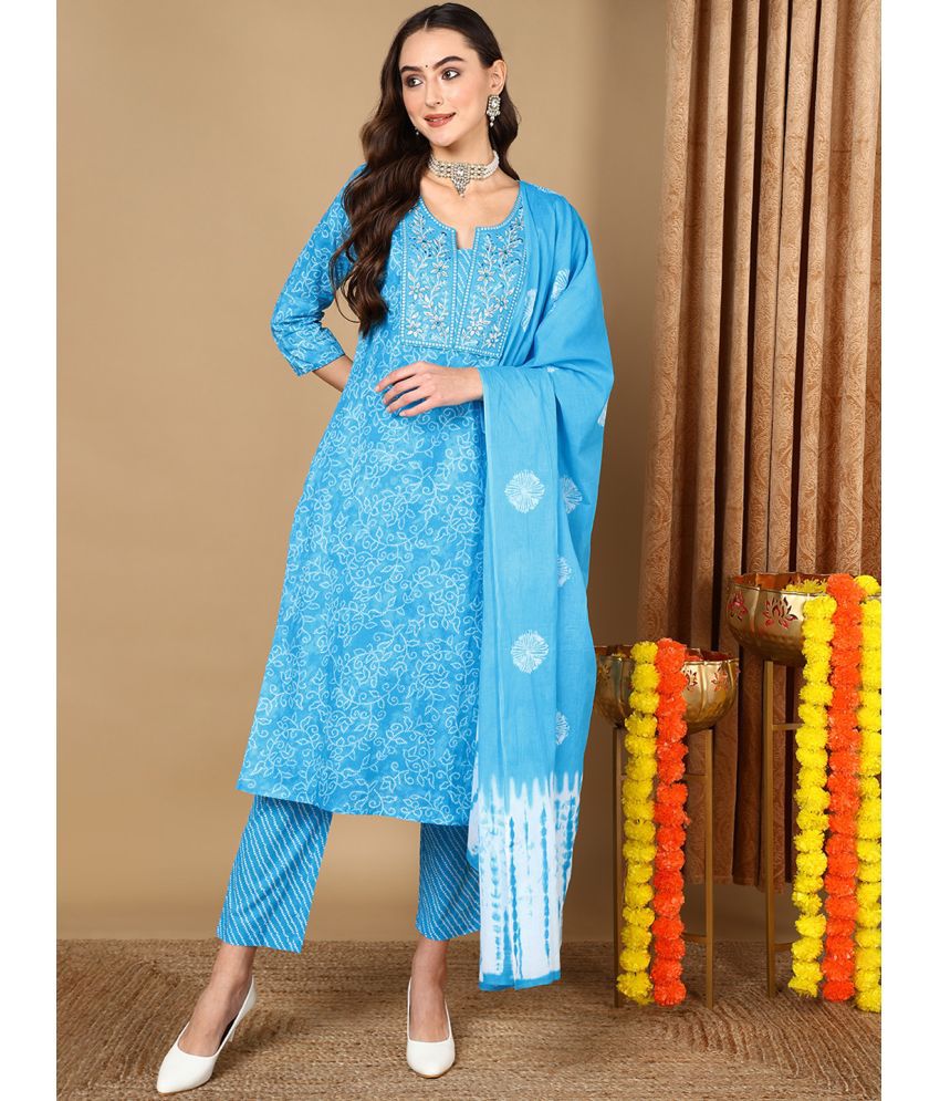     			Vaamsi Cotton Embroidered Kurti With Pants Women's Stitched Salwar Suit - Blue ( Pack of 1 )