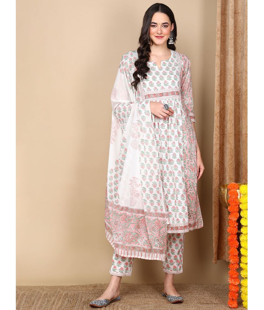     			Vaamsi Cotton Printed Kurti With Pants Women's Stitched Salwar Suit - White ( Pack of 1 )