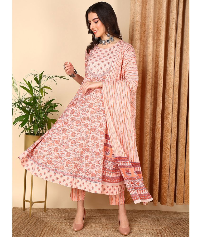     			Vaamsi Cotton Printed Kurti With Pants Women's Stitched Salwar Suit - Peach ( Pack of 1 )