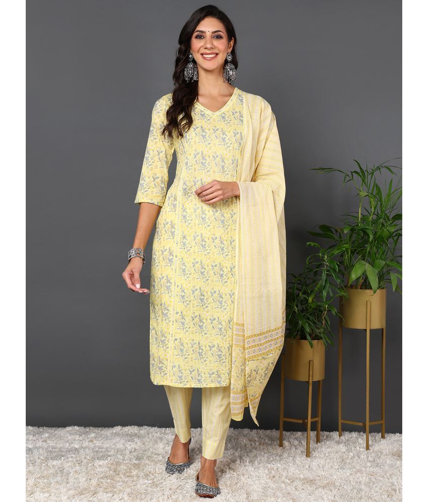     			Vaamsi Cotton Printed Kurti With Pants Women's Stitched Salwar Suit - Yellow ( Pack of 1 )