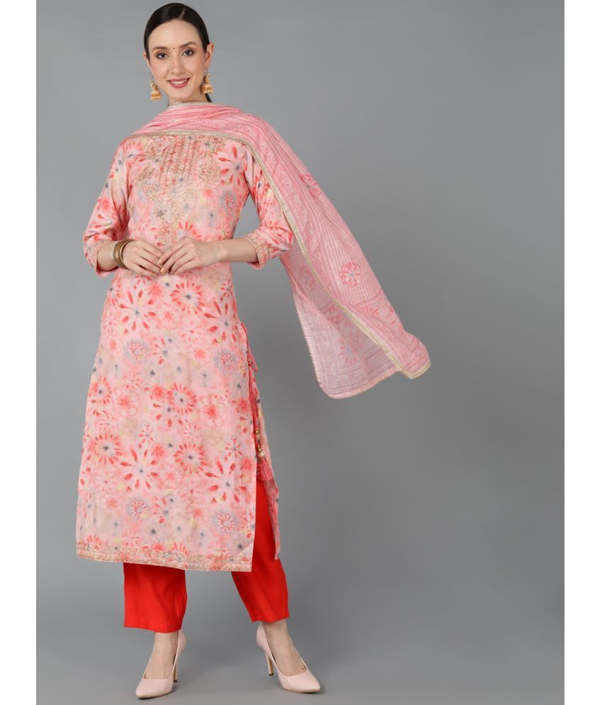     			Vaamsi Silk Blend Dyed Kurti With Pants Women's Stitched Salwar Suit - Pink ( Pack of 1 )