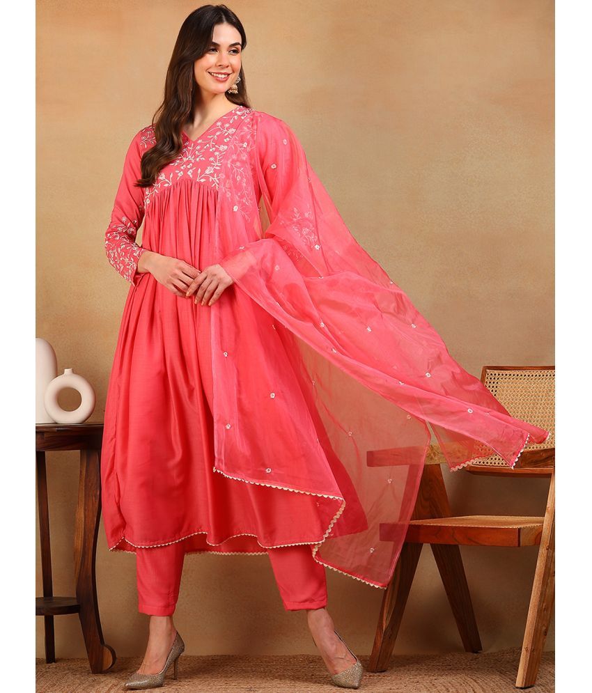     			Vaamsi Silk Blend Embroidered Kurti With Pants Women's Stitched Salwar Suit - Pink ( Pack of 1 )