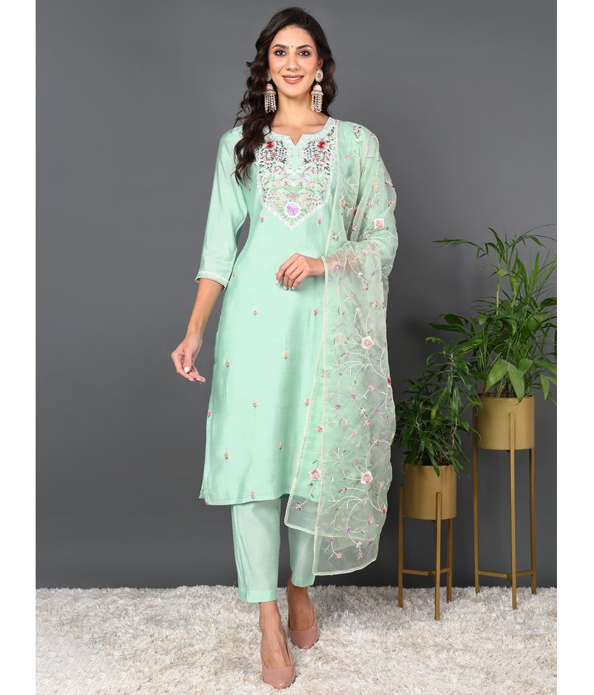     			Vaamsi Silk Blend Embroidered Kurti With Pants Women's Stitched Salwar Suit - Sea Green ( Pack of 1 )