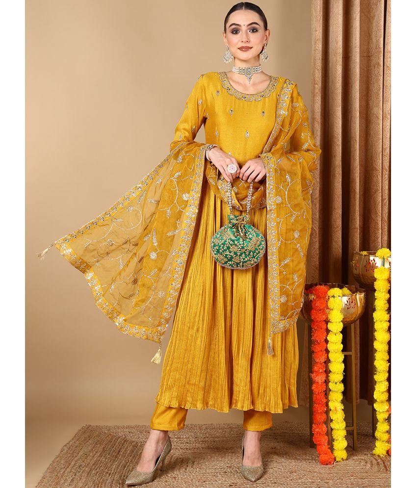     			Vaamsi Silk Blend Embroidered Kurti With Pants Women's Stitched Salwar Suit - Yellow ( Pack of 1 )