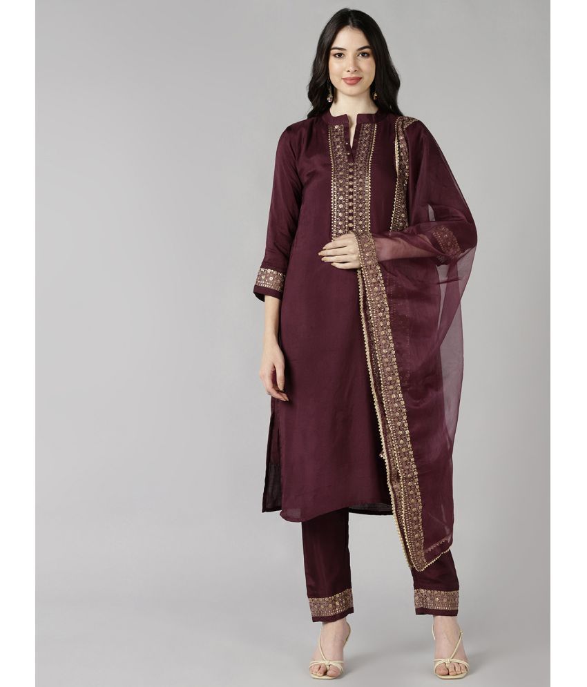     			Vaamsi Silk Blend Embroidered Kurti With Pants Women's Stitched Salwar Suit - Maroon ( Pack of 1 )