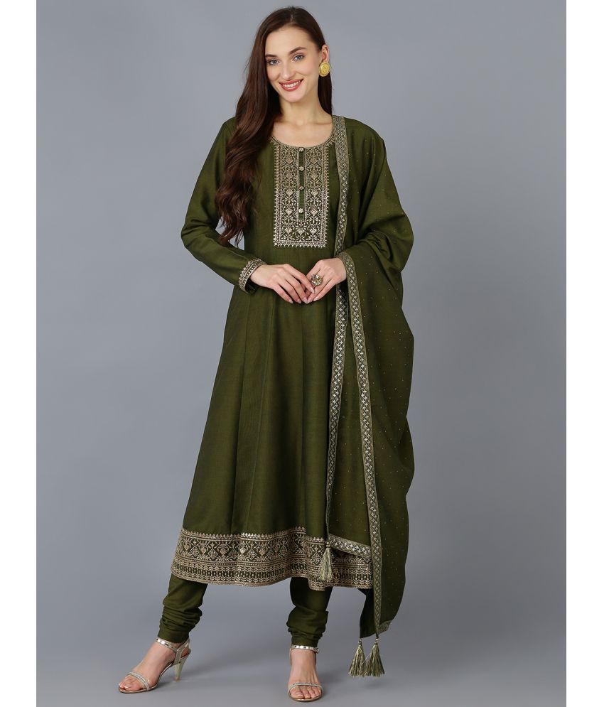     			Vaamsi Silk Blend Embroidered Kurti With Pants Women's Stitched Salwar Suit - Olive ( Pack of 1 )