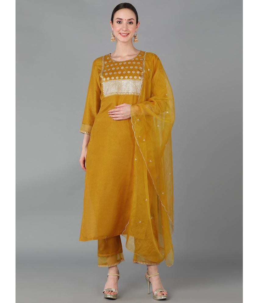     			Vaamsi Silk Blend Embroidered Kurti With Pants Women's Stitched Salwar Suit - Mustard ( Pack of 1 )