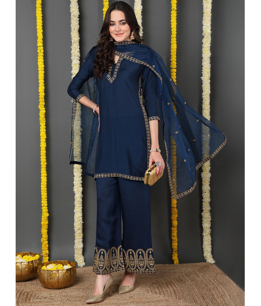     			Vaamsi Silk Blend Embroidered Kurti With Palazzo Women's Stitched Salwar Suit - Blue ( Pack of 1 )