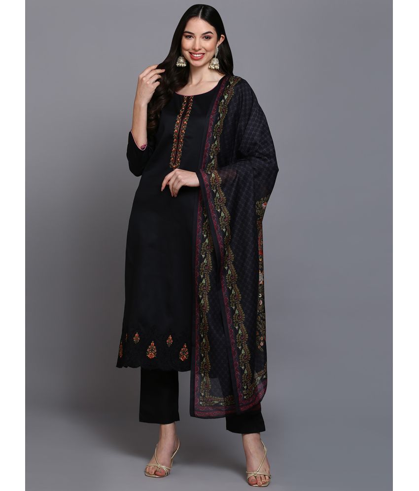     			Vaamsi Silk Blend Embroidered Kurti With Pants Women's Stitched Salwar Suit - Black ( Pack of 1 )