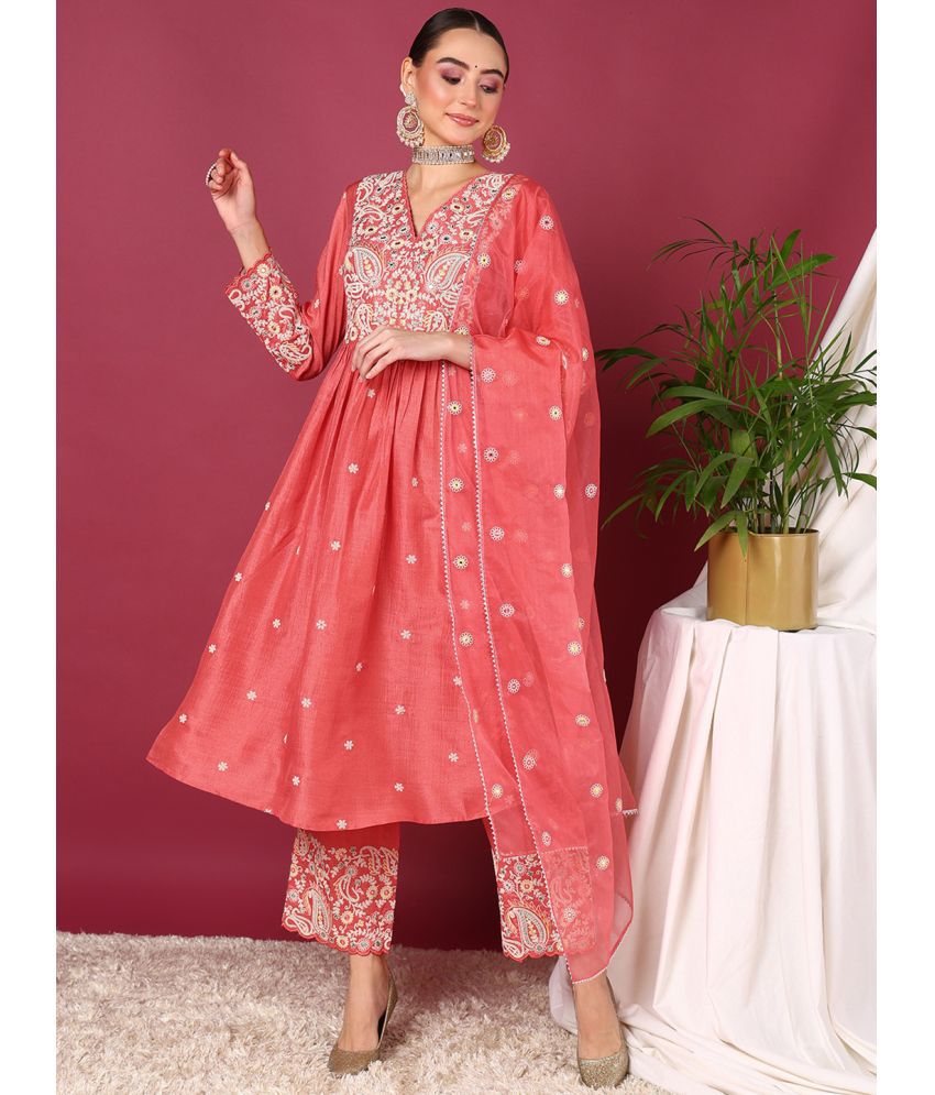     			Vaamsi Silk Blend Embroidered Kurti With Palazzo Women's Stitched Salwar Suit - Pink ( Pack of 1 )