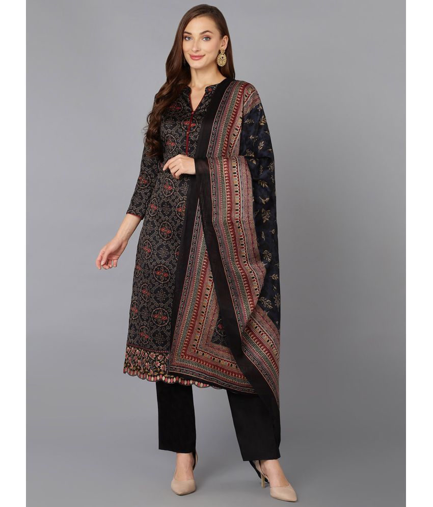     			Vaamsi Silk Blend Printed Kurti With Pants Women's Stitched Salwar Suit - Black ( Pack of 1 )