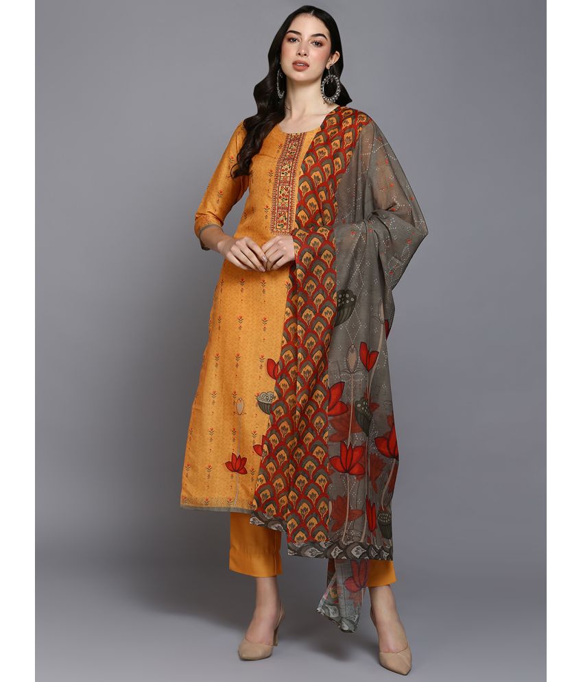     			Vaamsi Silk Blend Printed Kurti With Pants Women's Stitched Salwar Suit - Orange ( Pack of 1 )