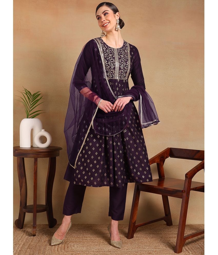     			Vaamsi Silk Blend Printed Kurti With Pants Women's Stitched Salwar Suit - Purple ( Pack of 1 )