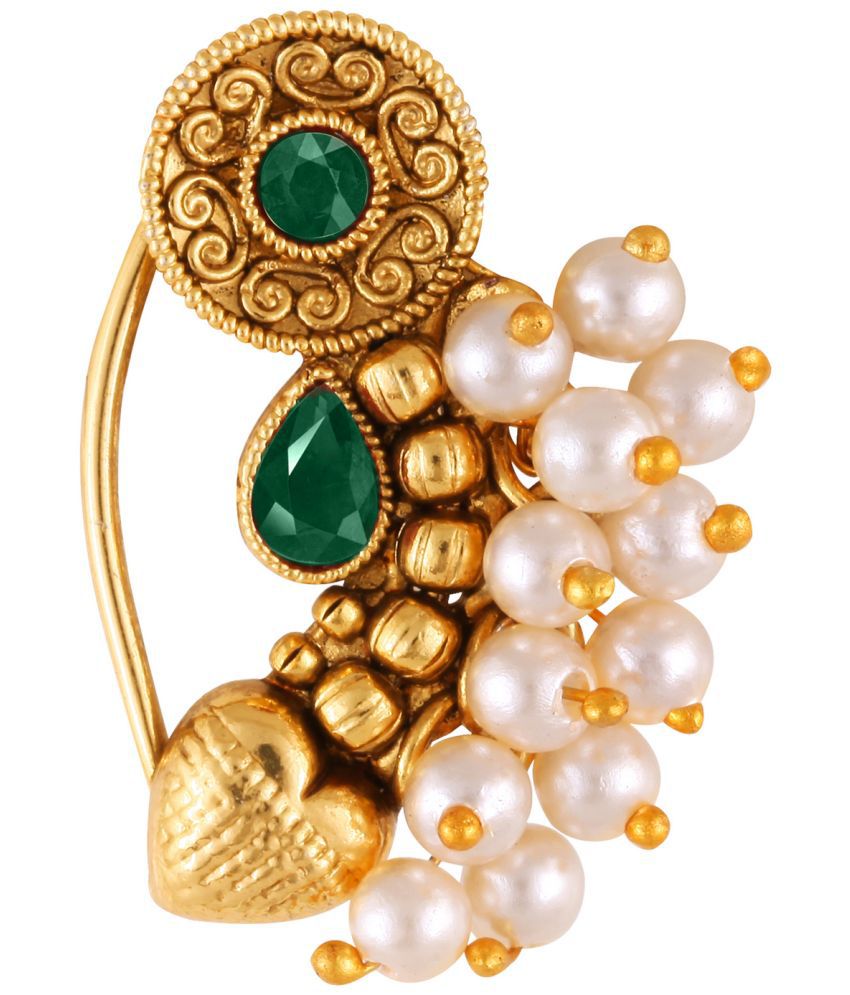     			Vivastri Premium Gold Plated Nath Collection  With Beautiful & Luxurious Green Diamond Pearl Studded Maharashtraian Nath For Women & Girls-VIVA1174NTH-Press-Green