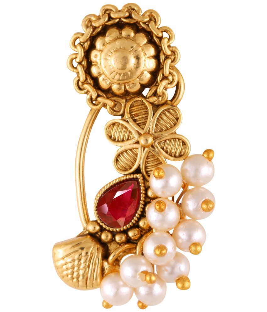     			Vivastri Premium Gold Plated Nath Collection  With Beautiful & Luxurious Red Diamond Pearl Studded Maharashtraian Nath For Women & Girls-VIVA1175NTH-Press-Red