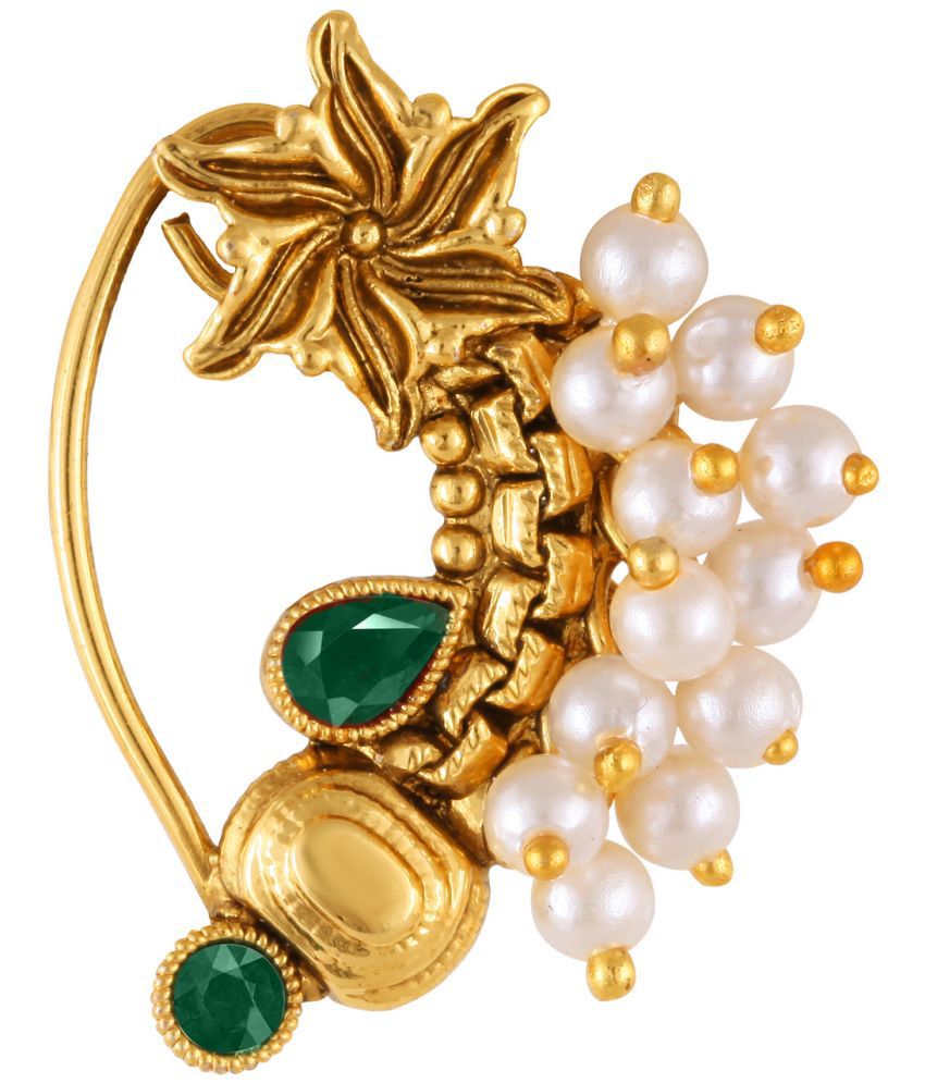     			Vivastri Premium Gold Plated Nath Collection  With Beautiful & Luxurious Green Diamond Pearl Studded Maharashtraian Nath For Women & Girls-VIVA1170NTH-Press-Green