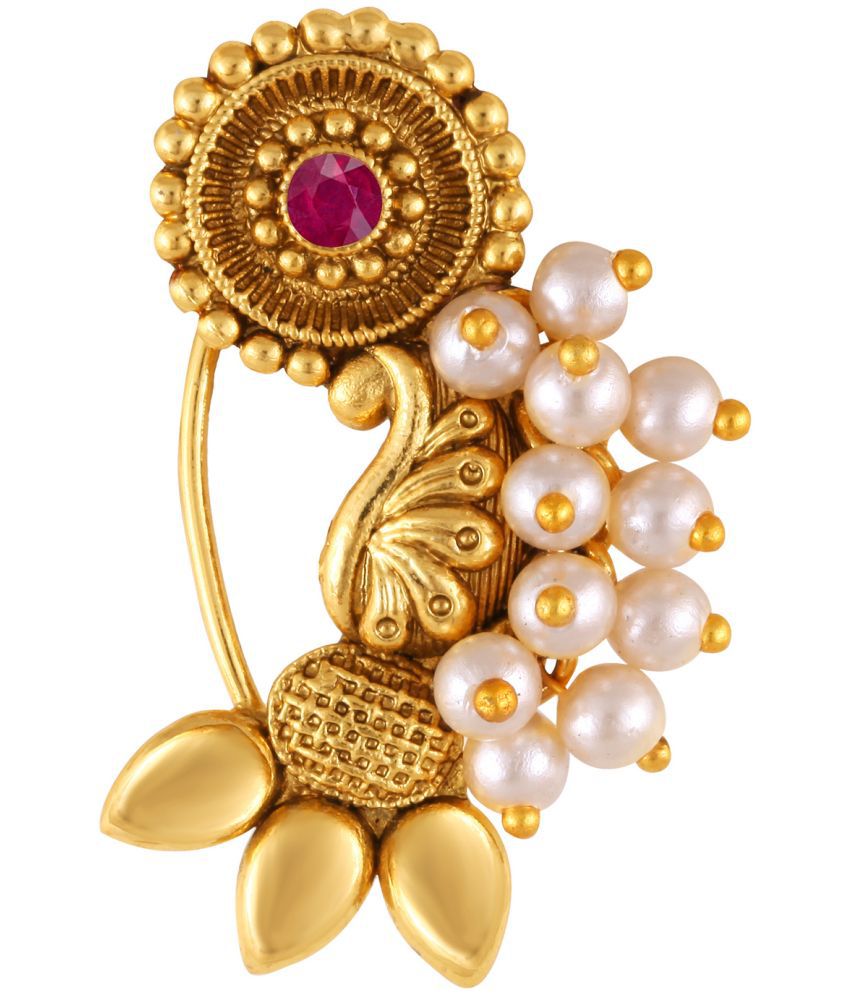     			Vivastri Premium Gold Plated Nath Collection  With Beautiful & Luxurious Red Diamond Pearl Studded Maharashtraian Nath For Women & Girls-VIVA1172NTH-Press-Red