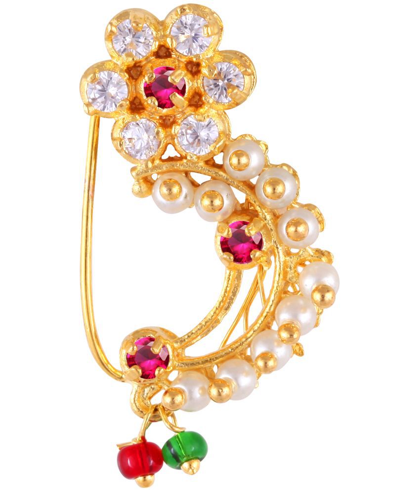     			Vivastri Premium Gold Plated Nath Collection  With Beautiful & Luxurious Red Diamond Pearl Studded Maharashtraian  Nath For Women & Girls-VIVA1160NTH-Press