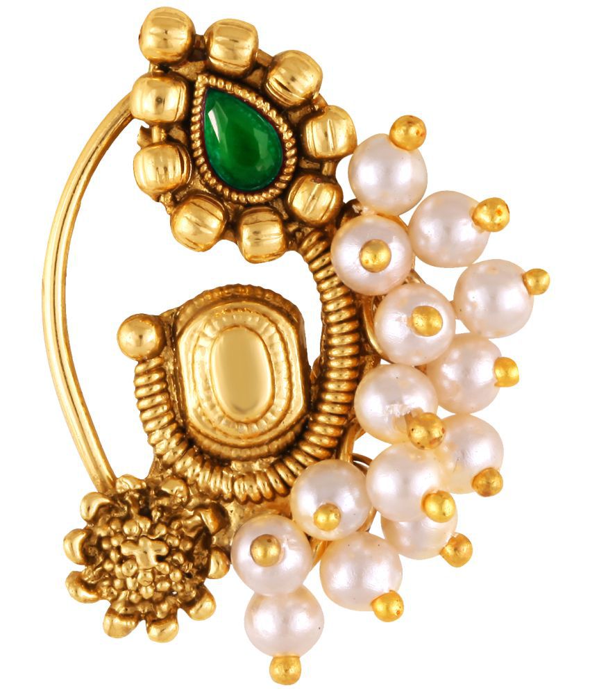     			Vivastri Premium Gold Plated Nath Collection  With Beautiful & Luxurious Green Diamond Pearl Studded Maharashtraian Nath For Women & Girls-VIVA1166NTH-Press-Green