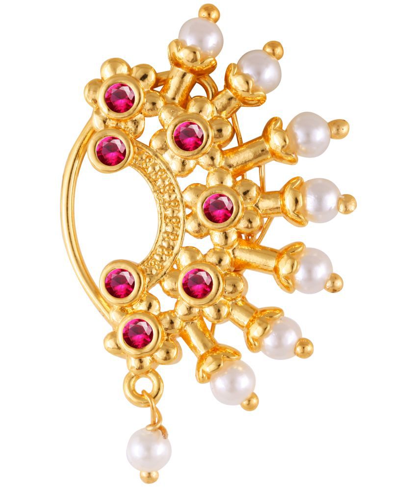     			Vivastri Premium Gold Plated Nath Collection  With Beautiful & Luxurious Red Diamond Pearl Studded Maharashtraian  Nath For Women & Girls-VIVA1163NTH-Press-Moti