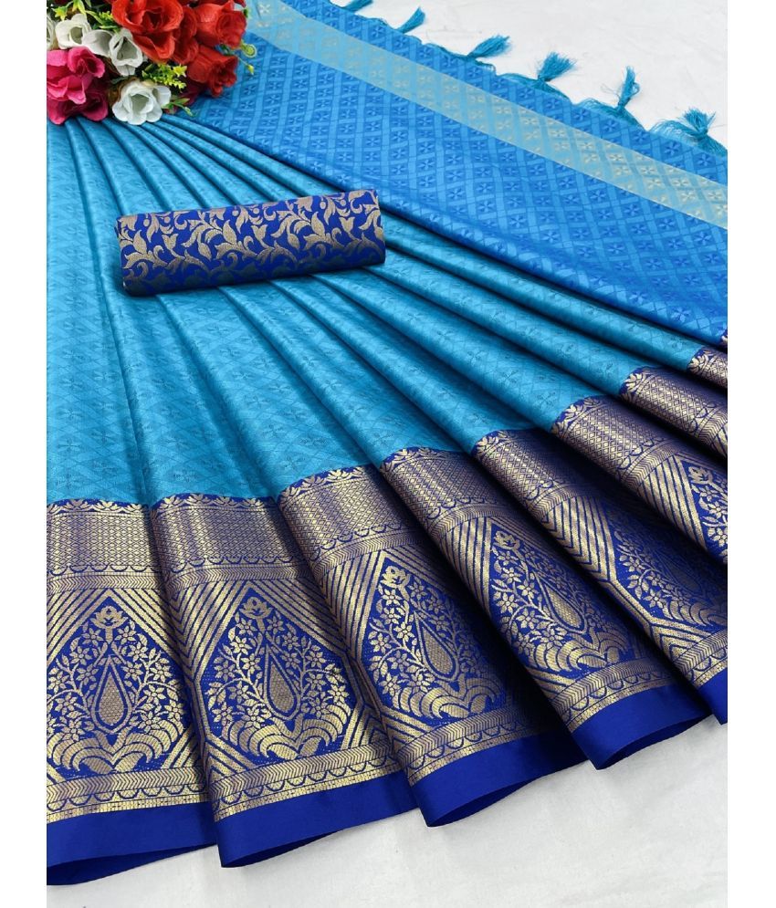     			A TO Z CART Cotton Silk Embellished Saree With Blouse Piece - SkyBlue ( Pack of 1 )