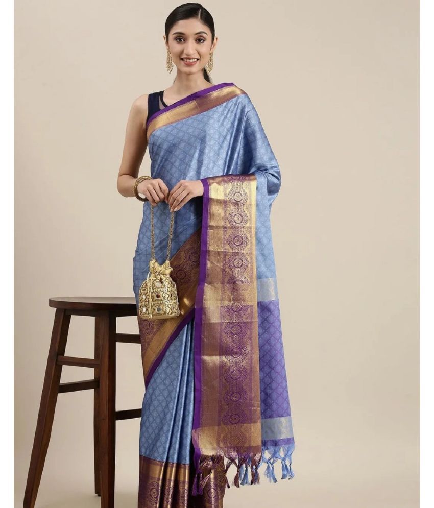     			A TO Z CART Cotton Silk Embellished Saree With Blouse Piece - Blue ( Pack of 1 )