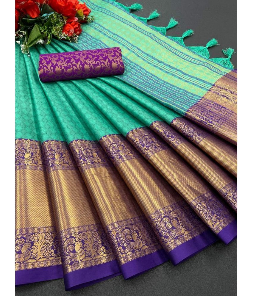     			A TO Z CART Cotton Silk Embellished Saree With Blouse Piece - Teal ( Pack of 1 )