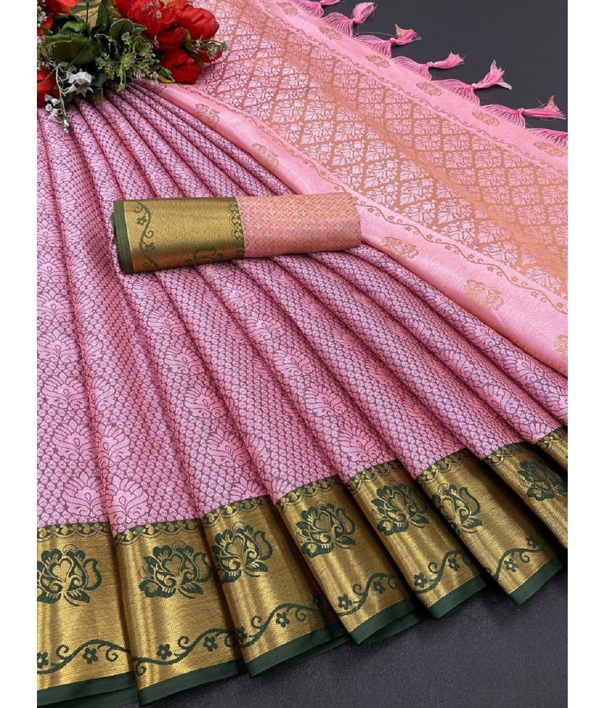     			A TO Z CART Kanjivaram Silk Embellished Saree With Blouse Piece - Pink ( Pack of 1 )