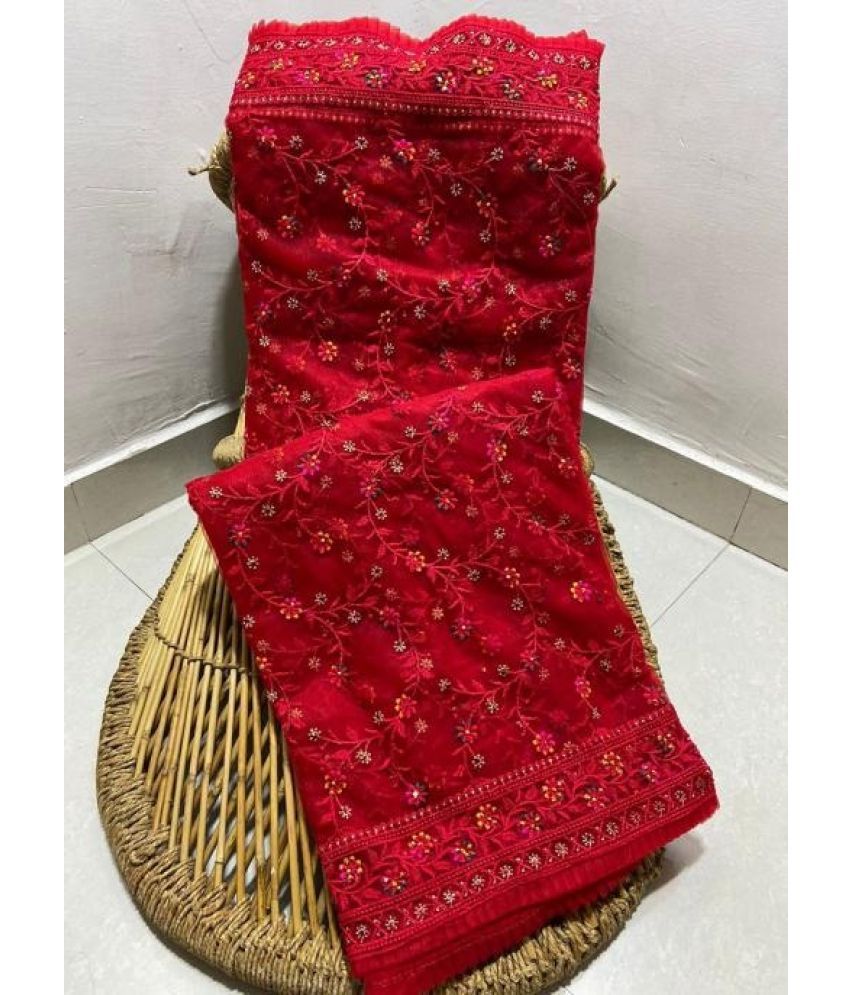     			A TO Z CART Net Embellished Saree With Blouse Piece - Red ( Pack of 1 )