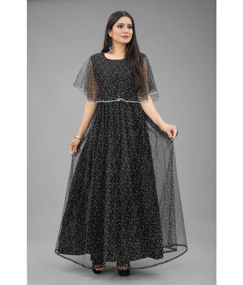     			A TO Z CART Net Printed Full Length Women's Fit & Flare Dress - Black ( Pack of 1 )