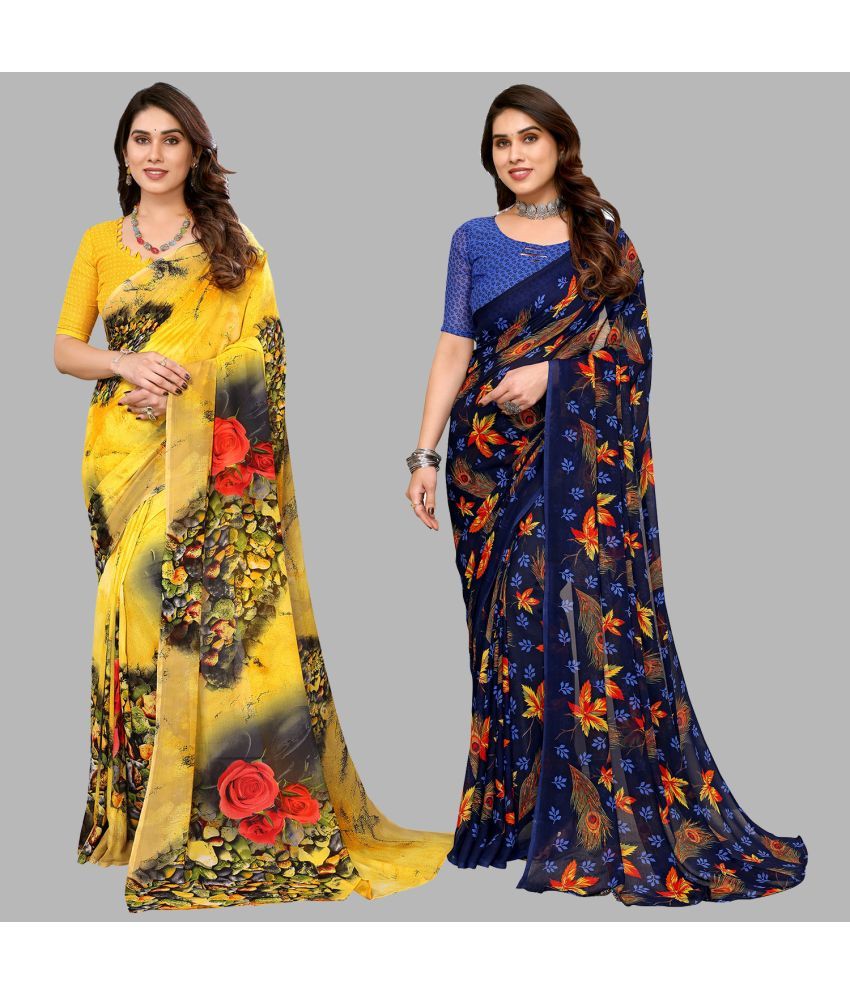     			Kashvi Sarees Georgette Printed Saree With Blouse Piece - Multicolor ( Pack of 2 )