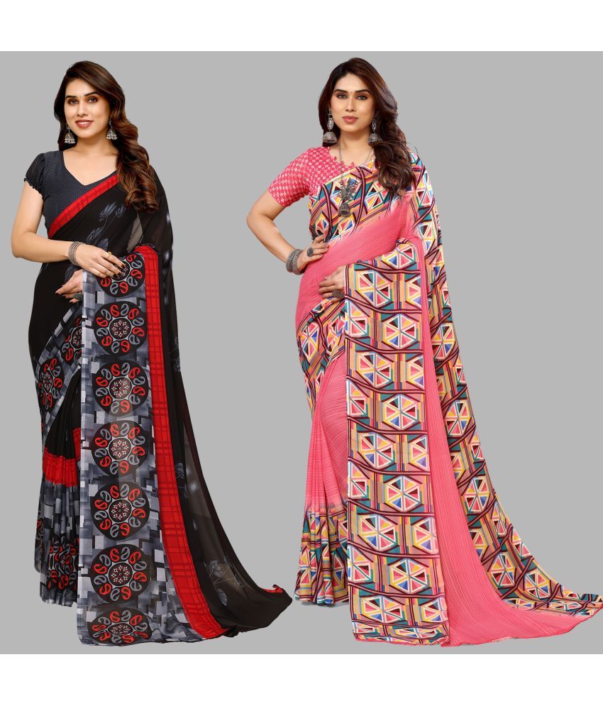     			Kashvi Sarees Georgette Printed Saree With Blouse Piece - Multicolor ( Pack of 2 )