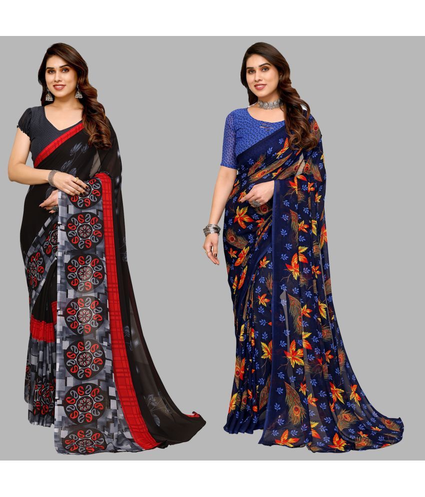     			Kashvi Sarees Georgette Printed Saree With Blouse Piece - Multicolor ( Pack of 2 )