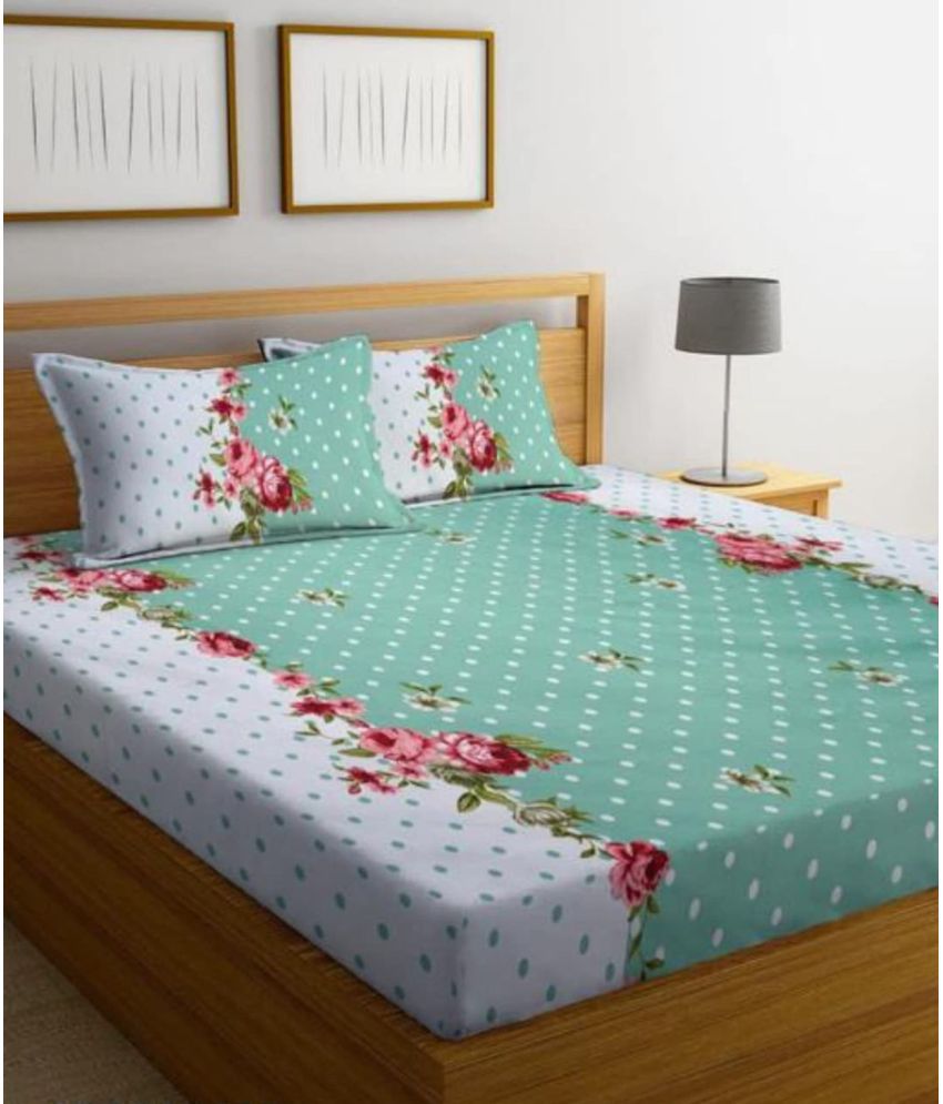     			VORDVIGO Glace Cotton Floral 1 Double Bedsheet with 2 Pillow Covers - Green