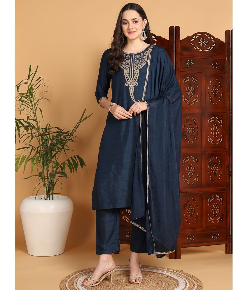     			Vaamsi Silk Blend Embroidered Kurti With Pants Women's Stitched Salwar Suit - Blue ( Pack of 1 )