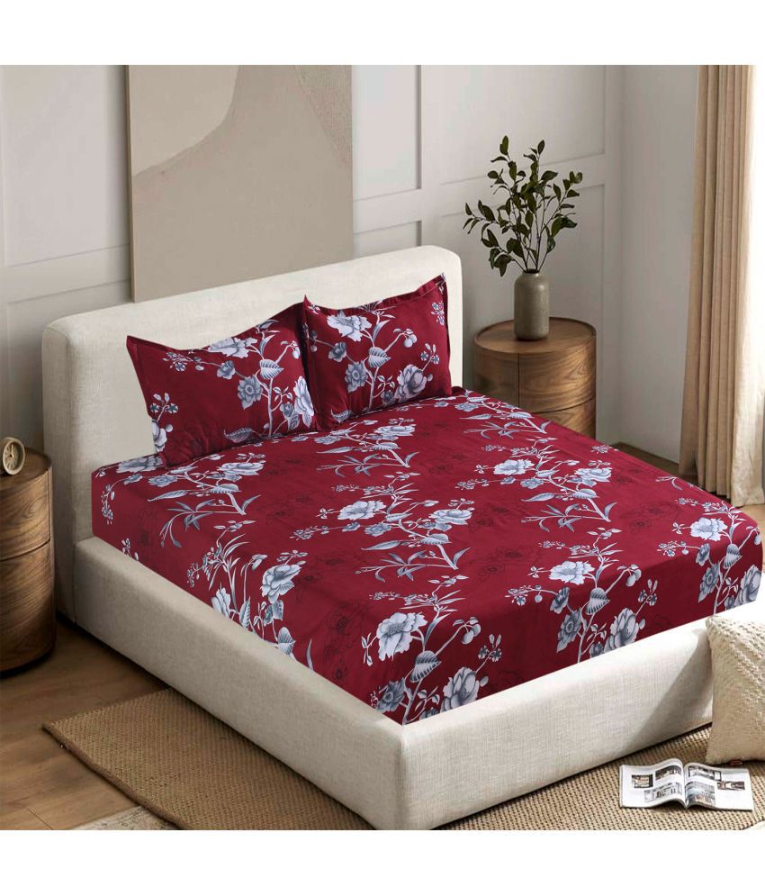     			Valtellina Cotton Floral 1 Double Bedsheet with 2 Pillow Covers - Burgundy