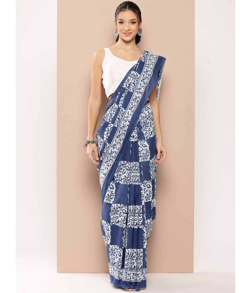     			Yufta Cotton Silk Printed Saree With Blouse Piece - Blue ( Pack of 1 )