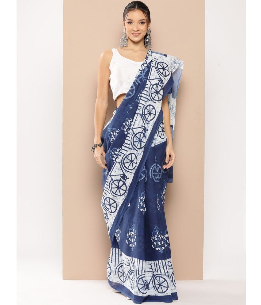     			Yufta Cotton Silk Printed Saree With Blouse Piece - Blue ( Pack of 1 )