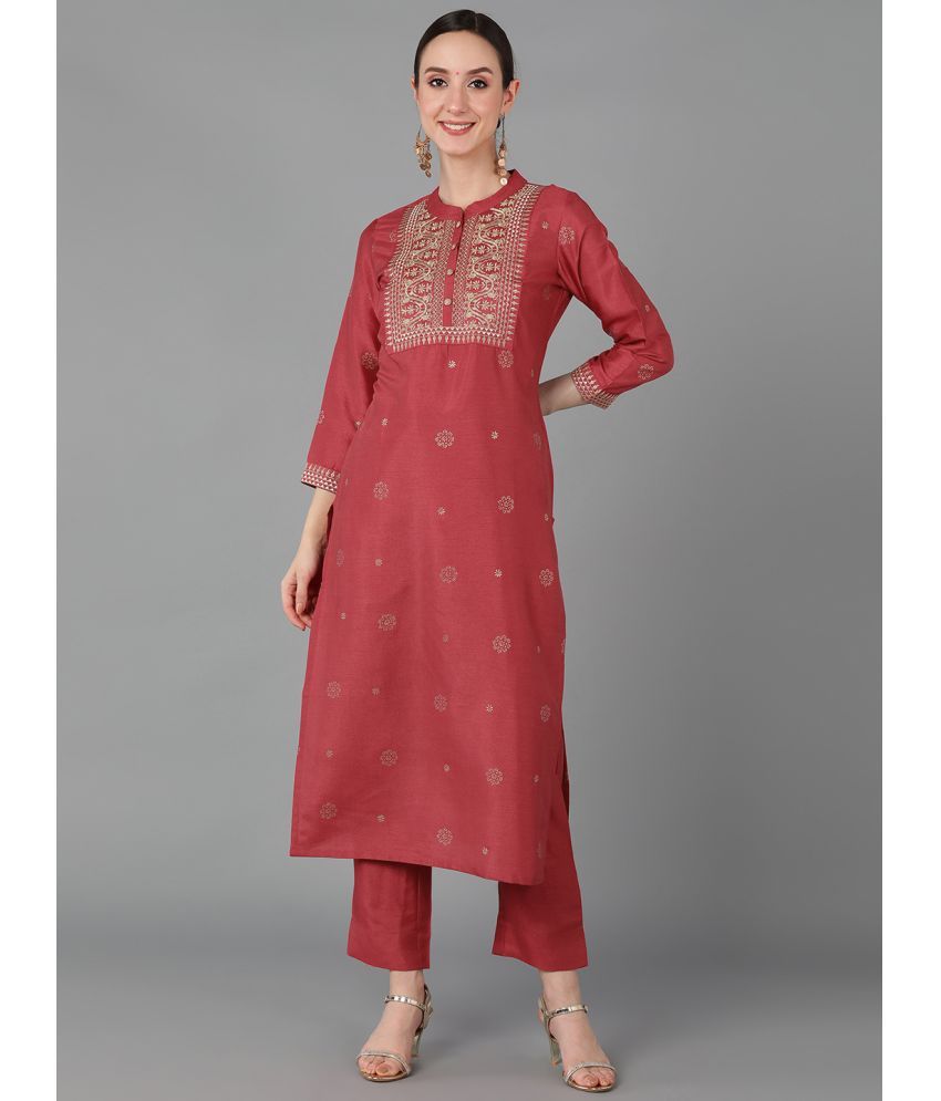     			Vaamsi Chanderi Embroidered Straight Women's Kurti - Maroon ( Pack of 1 )