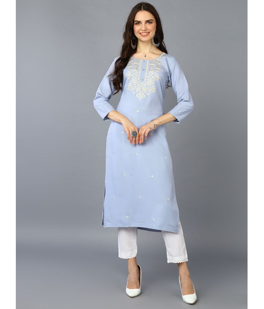     			Vaamsi Cotton Blend Embroidered Straight Women's Kurti - Blue ( Pack of 1 )