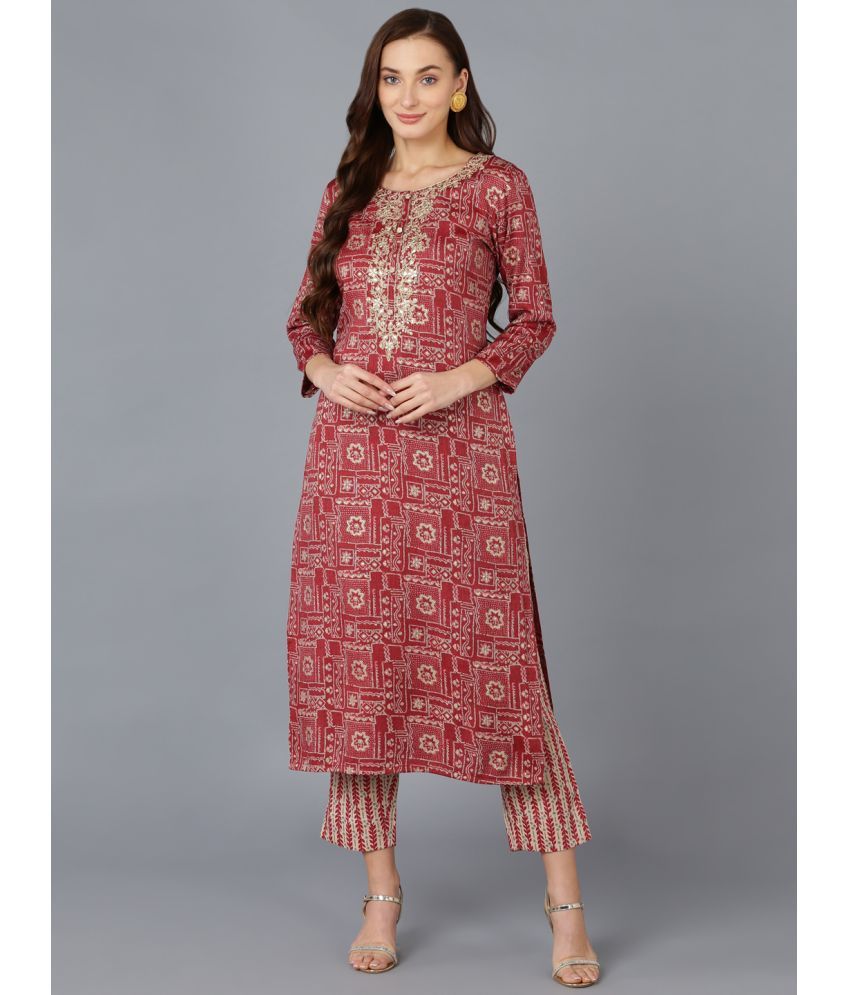     			Vaamsi Silk Blend Embroidered Straight Women's Kurti - Maroon ( Pack of 1 )